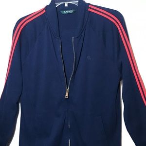 Ralph Lauren LRL Track Suit Jacket Womens Size M Navy Blue Terry Cloth Stripe